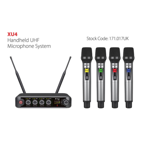 <p>Pro-level features in a compact receiver with premium microphone transmitters.&nbsp;</p><p>4 handheld UHF microphones. </p><p>Supplied as a half-width 1U rack receiver.</p><p>The receiver is a true diversity type with dual antennas and internal distribution for minimizing dropouts. </p><p>The front panel has a volume control and indicator LEDs per channel alongside a colour TFT display with level indications for each channel and settings for channel frequencies and colours. </p><p>Each transmitter also has its own LCD display for frequency and battery status, with a backlight that can be set to one of 6 colours for identification. </p><p>Carrier frequencies are arranged in 10 groups with carriers in both the UK/EU license-free UHF and PMSE licensed duplex gap UHF bands. </p><p>Each set is supplied with hardware for mounting into a 1U rack space with extension cables to enable front mounting of the antennas. For a wireless microphone system with straightforward operation and intuitive features, the XU series delivers freedom and reliable operation to vocalists, presenters and instructors in a compact and convenient package.<br /><br />&nbsp;&nbsp;</p>